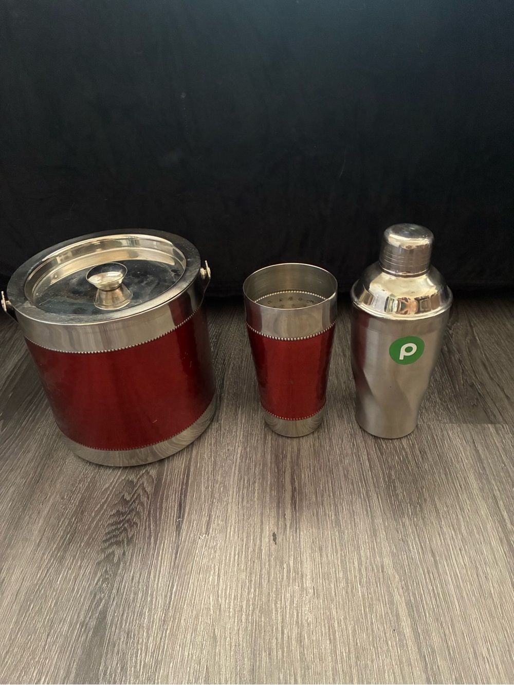 Cynthia Rowley Red and Silver Bar Set — Ice Bucket, Mixing Cup & Shaker